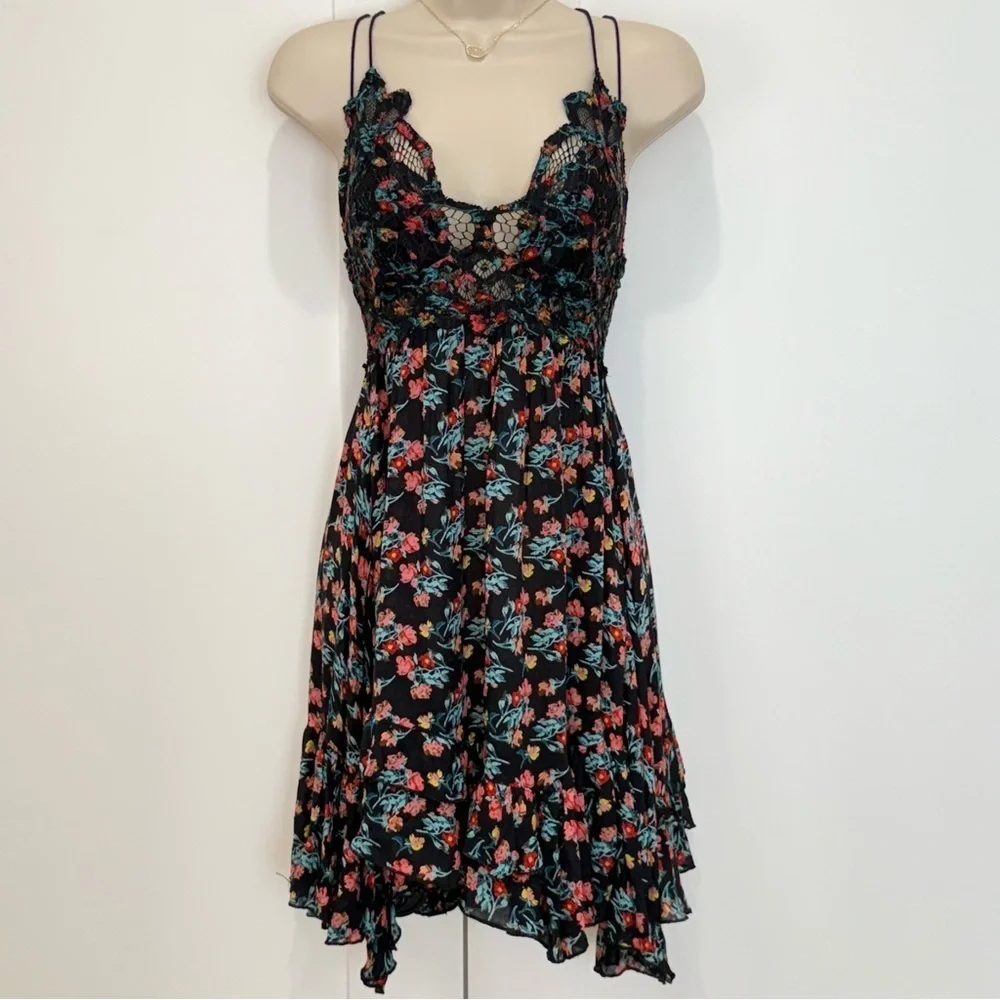 Free People Adella Printed Slip Mini Dress XS Black Combo Floral Festival Boho